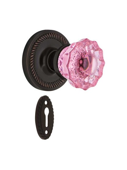 Rope Rosette Mortise Lock Set with Colored Fluted Crystal Glass Knobs Pink in Timeless Bronze.
